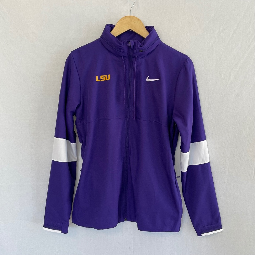 LSU NIKE DRI-FIT Size Med Jacket Purple w/White Colorblock on Arms TINY FLAW